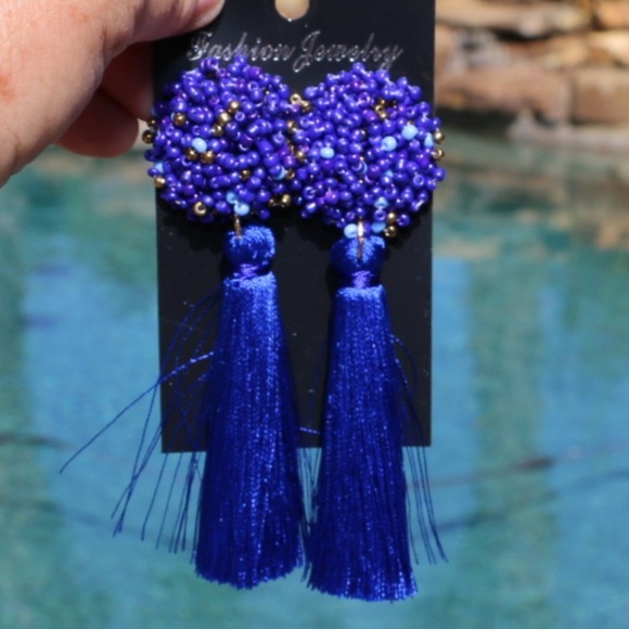 New! Large Blue Boho Earrings Post Drop Tassels - Picture 2 of 5